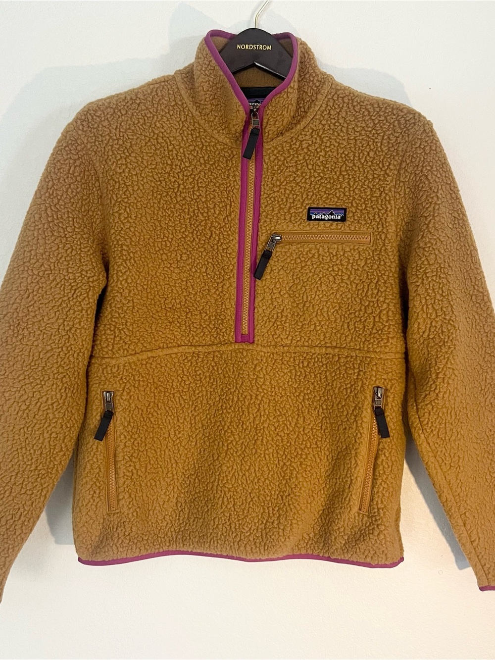 Patagonia Brown Pile Fleece Pullover with Pink Trim
